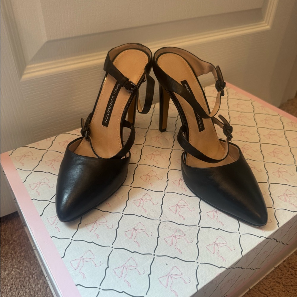 French Connection Black Pointed-Toe Double-Strap Stiletto Heels